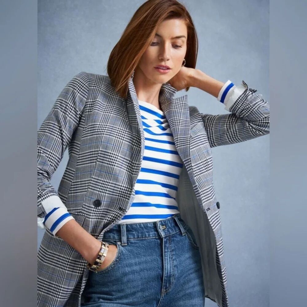 Talbots Glen Plaid Double Breasted Blazer - Black/Blue/White 12